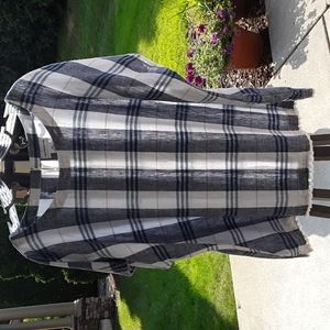 Liz Claiborne Linen Blend Pullover Top XXL Blue White Plaid Fringe Tassel Trim